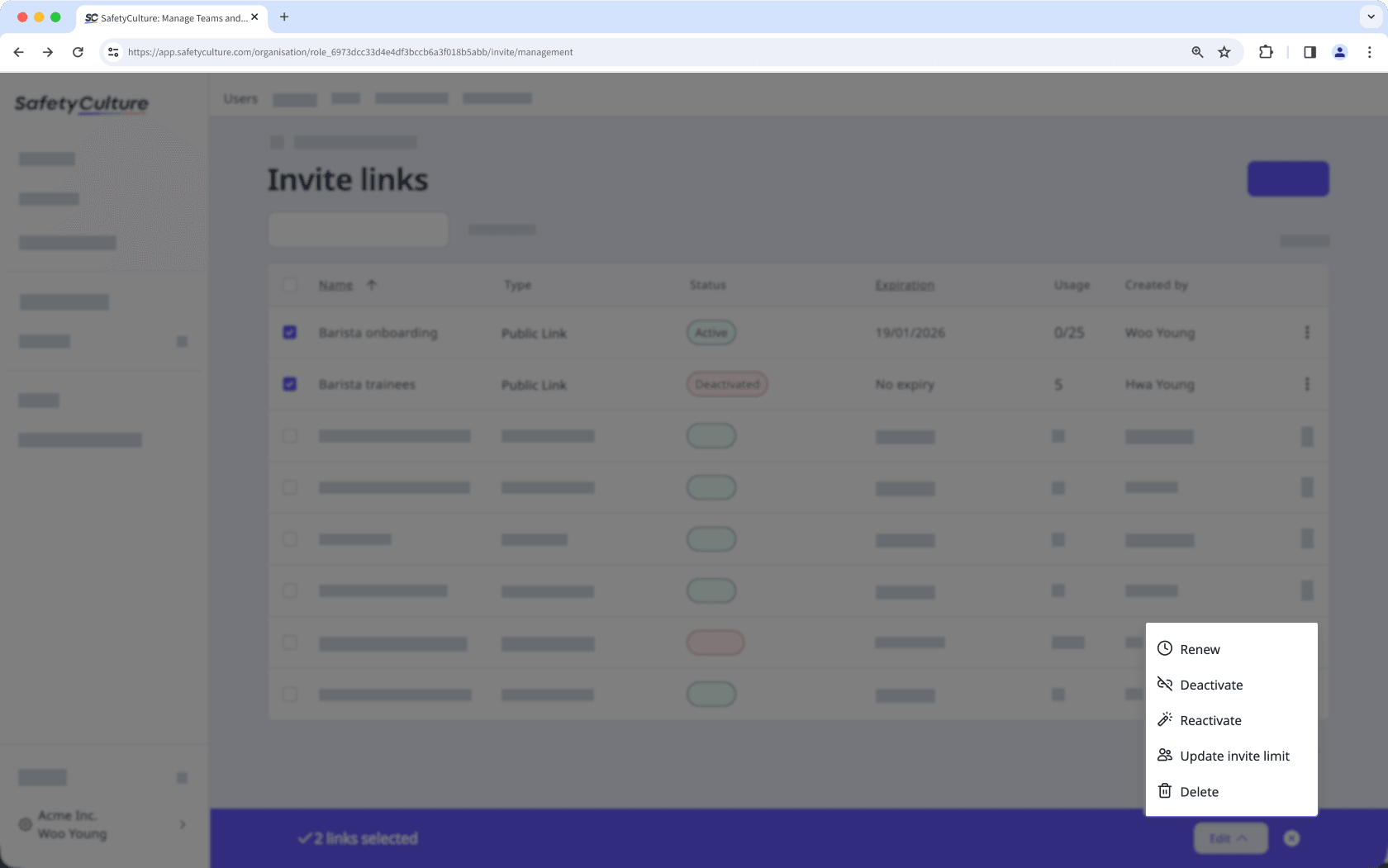 Edit and manage your invite links in bulk via the web app.
