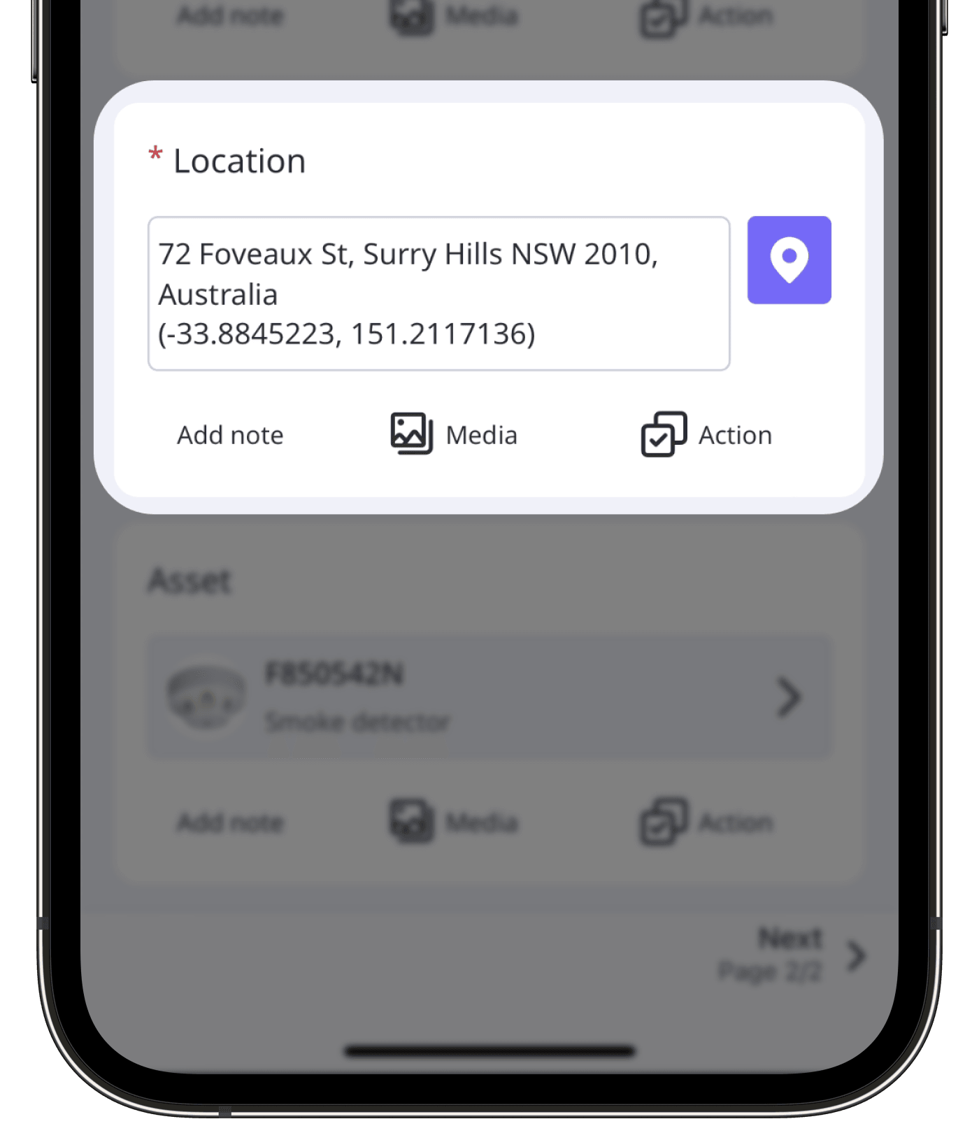A title page in an inspection showing an inspection location on the mobile app
