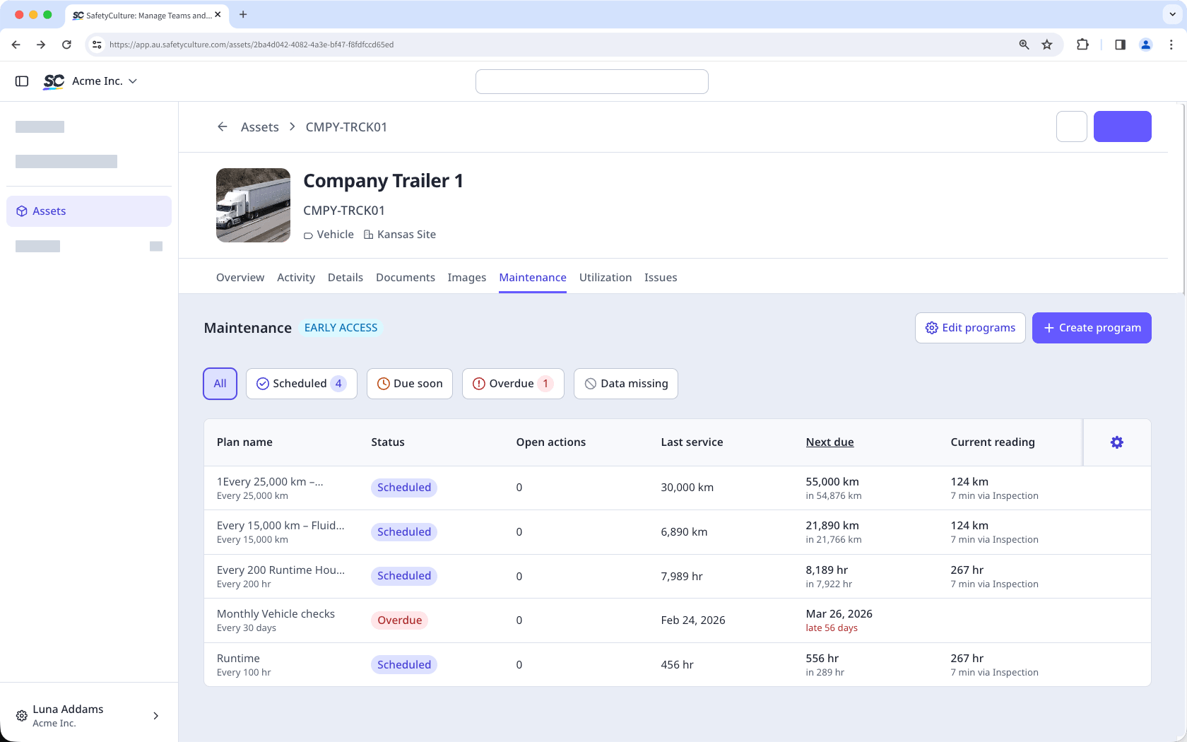 The maintenance tab on an asset profile page, showing the maintenance plans assigned to the asset.