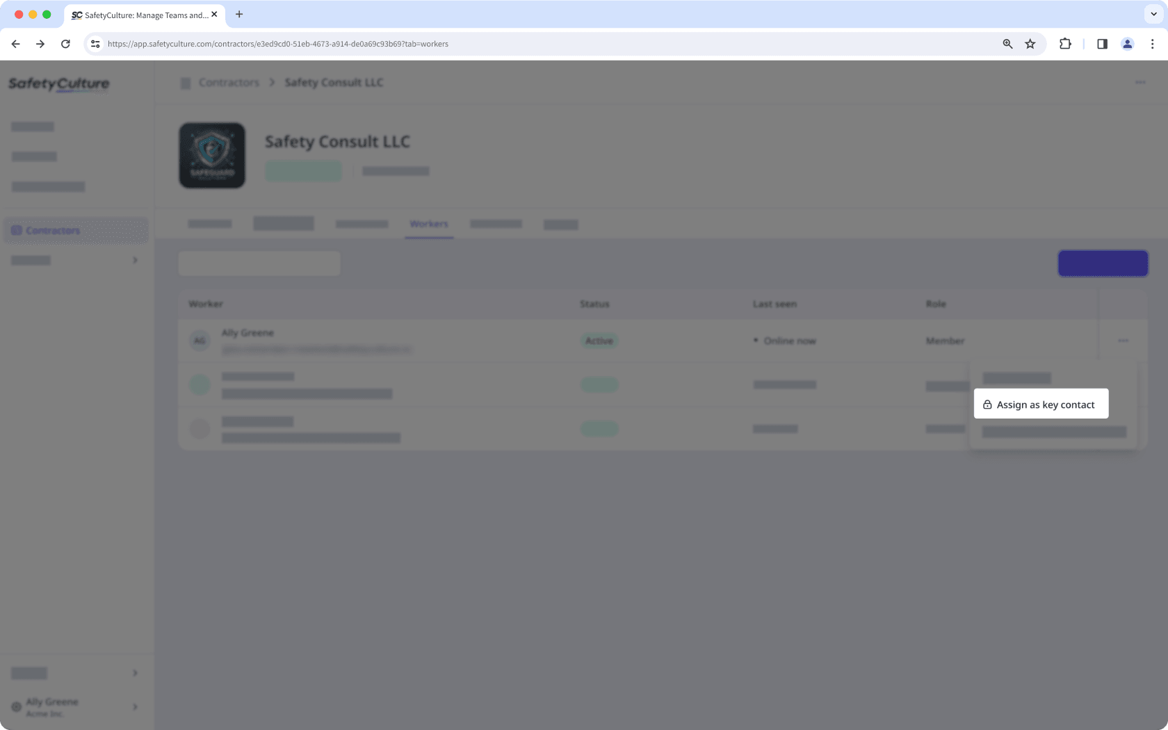 The Workers tab in the company profile with the "Assign as key contact" button visible.