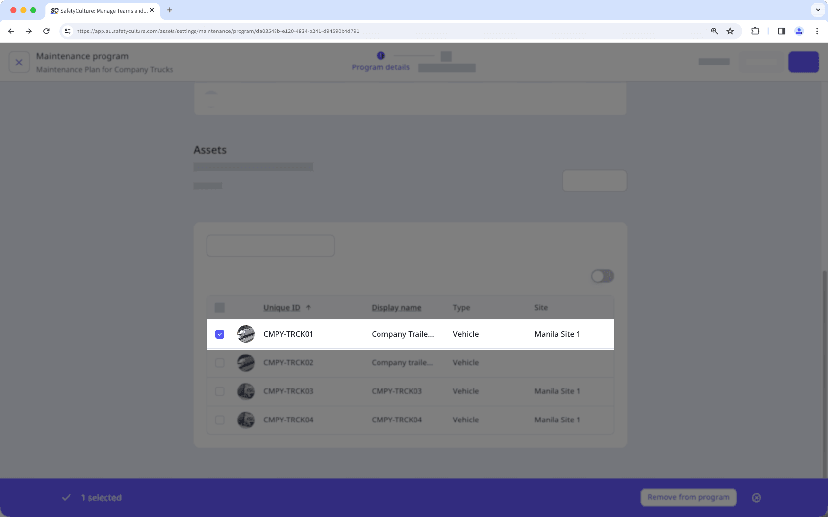 Select a single asset to add to or remove from a maintenance program. Click the box on the left-hand side of the asset.