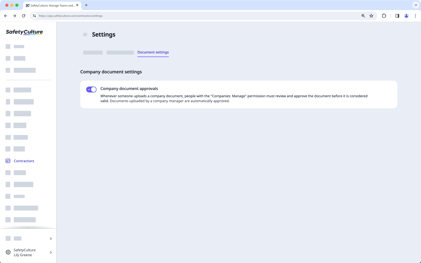 Turn company document approvals on or off via the web app.