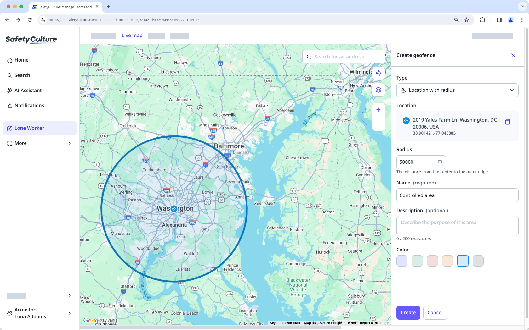 Créer une geofence avec le rayon de la position via l'application Web.