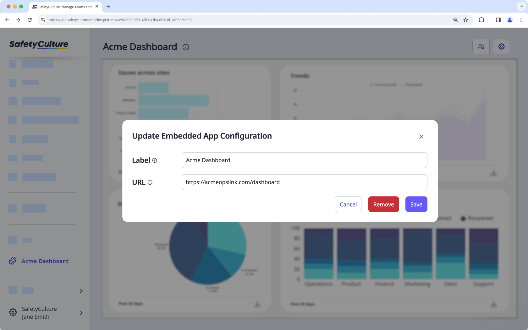 Remove an embedded app page via the web app.