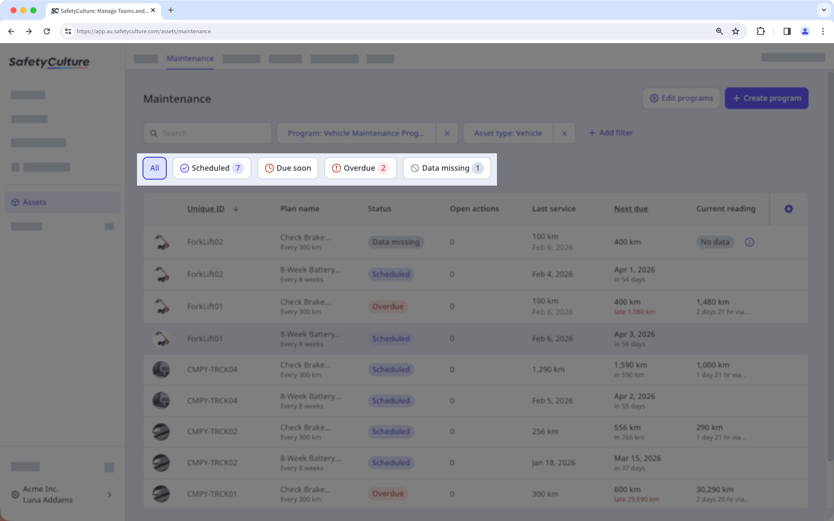 Select an asset maintenance plan status via the web app.
