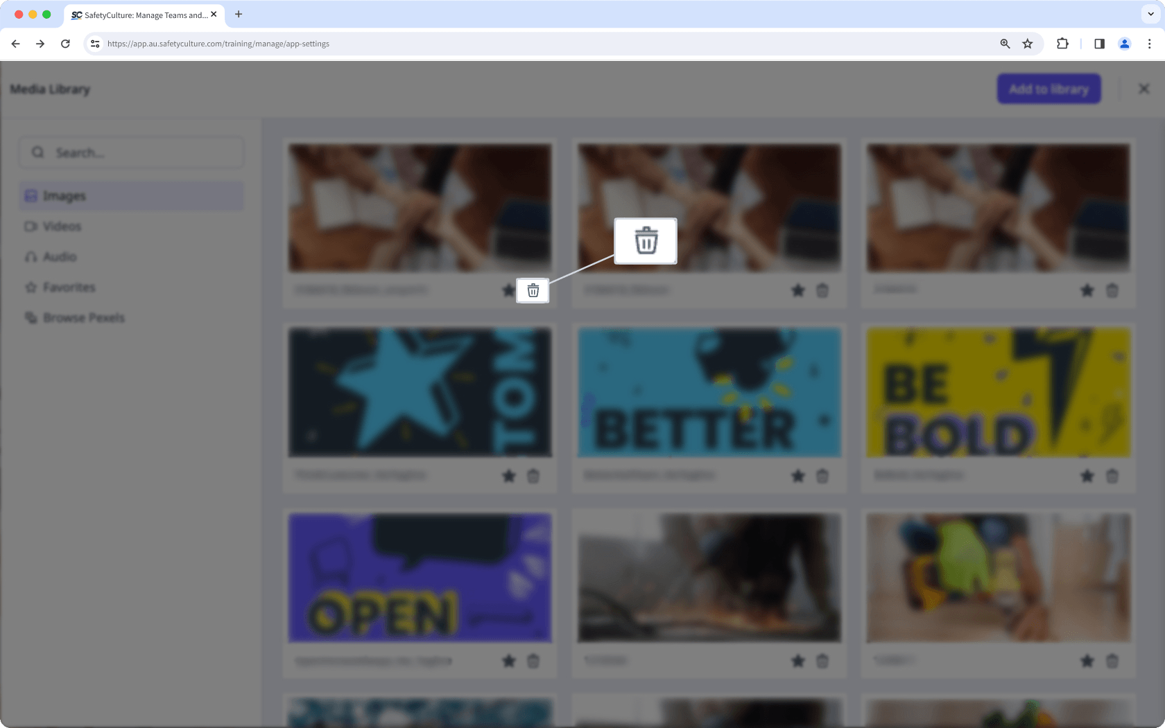 Delete a media asset in the Media Library via the web app.