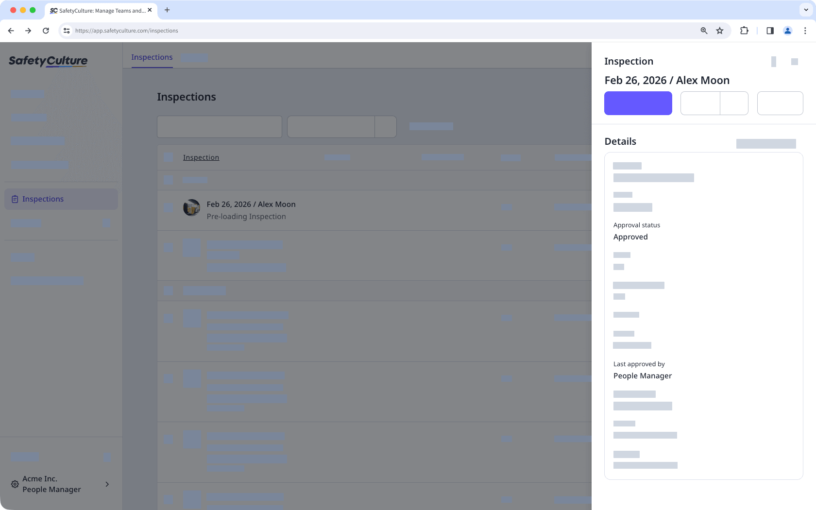 View relevant details such as the status and approver of an inspection via the web app.