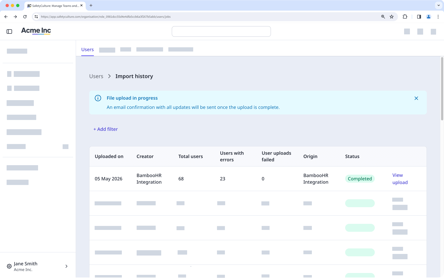 The Import history page showing the progress of the user upload from your HR system