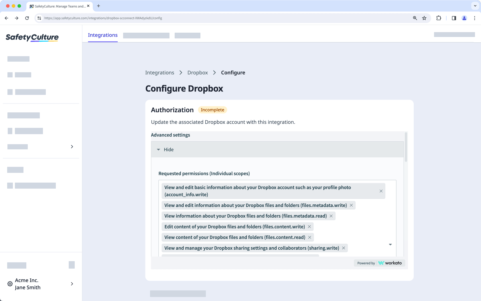 Configure Dropbox integration via the web app.