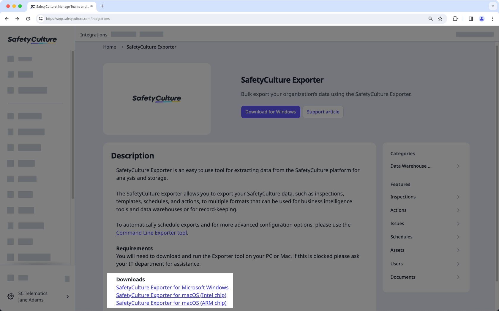 Mithilfe der Web-App den SafetyCulture Exporter herunterladen.
