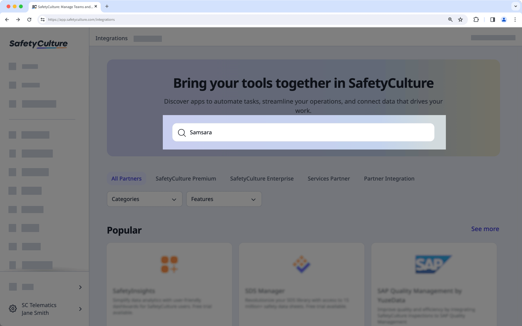 Suchen Sie über die Web-App nach der Samsara-Integration.