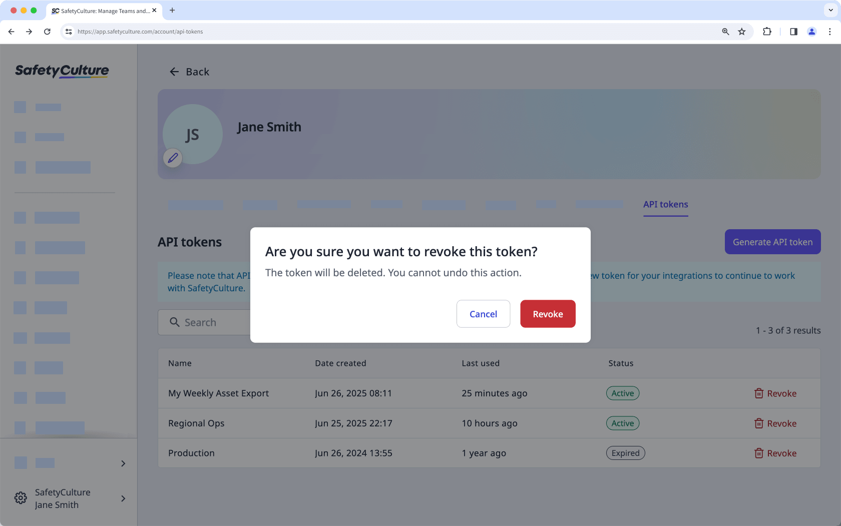 Revoke a user API token via the web app.
