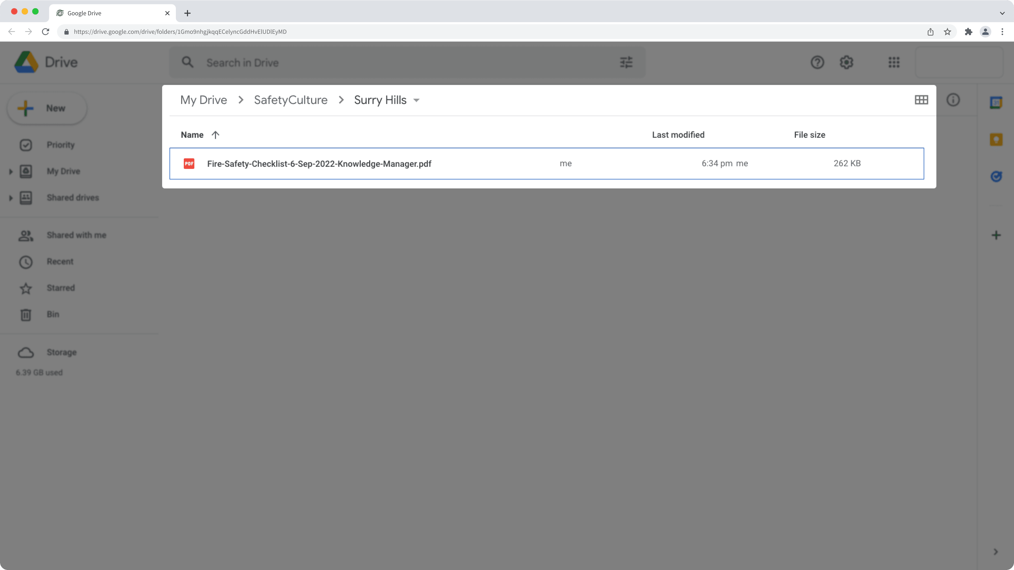 An inspection report in Google Drive.