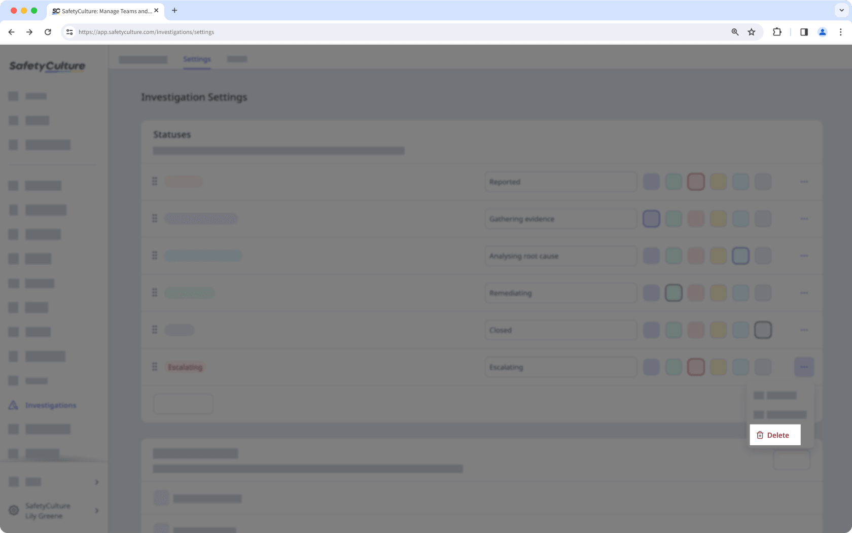 Delete a custom investigation status via the web app.