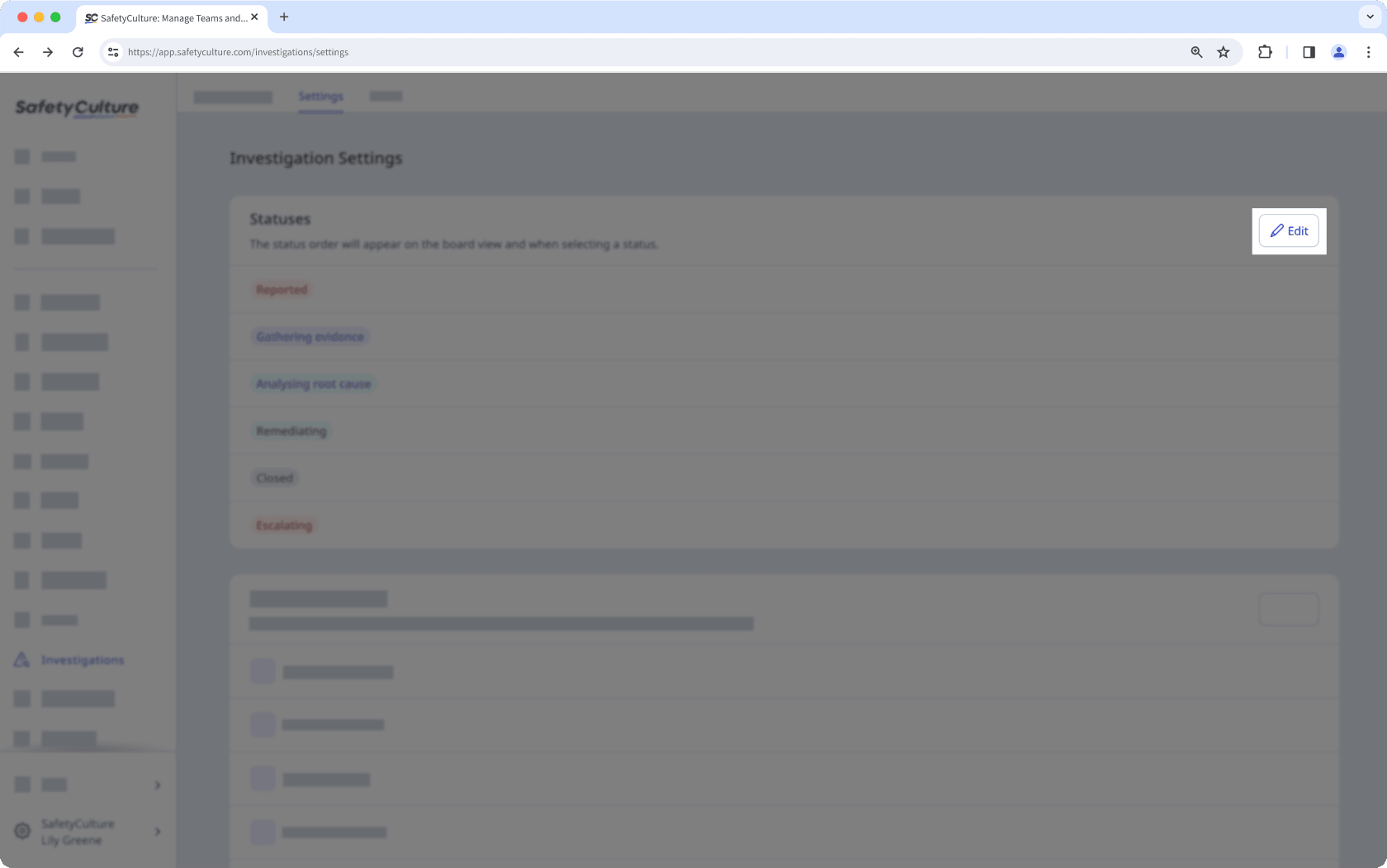 Edit a custom investigation status via the web app.