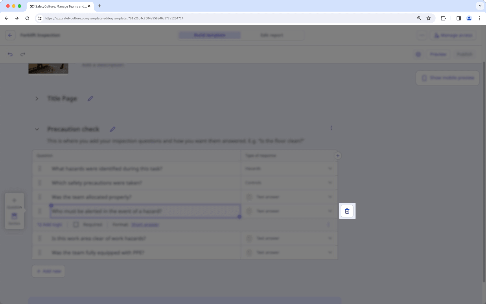 Delete a question in a template via the web app.