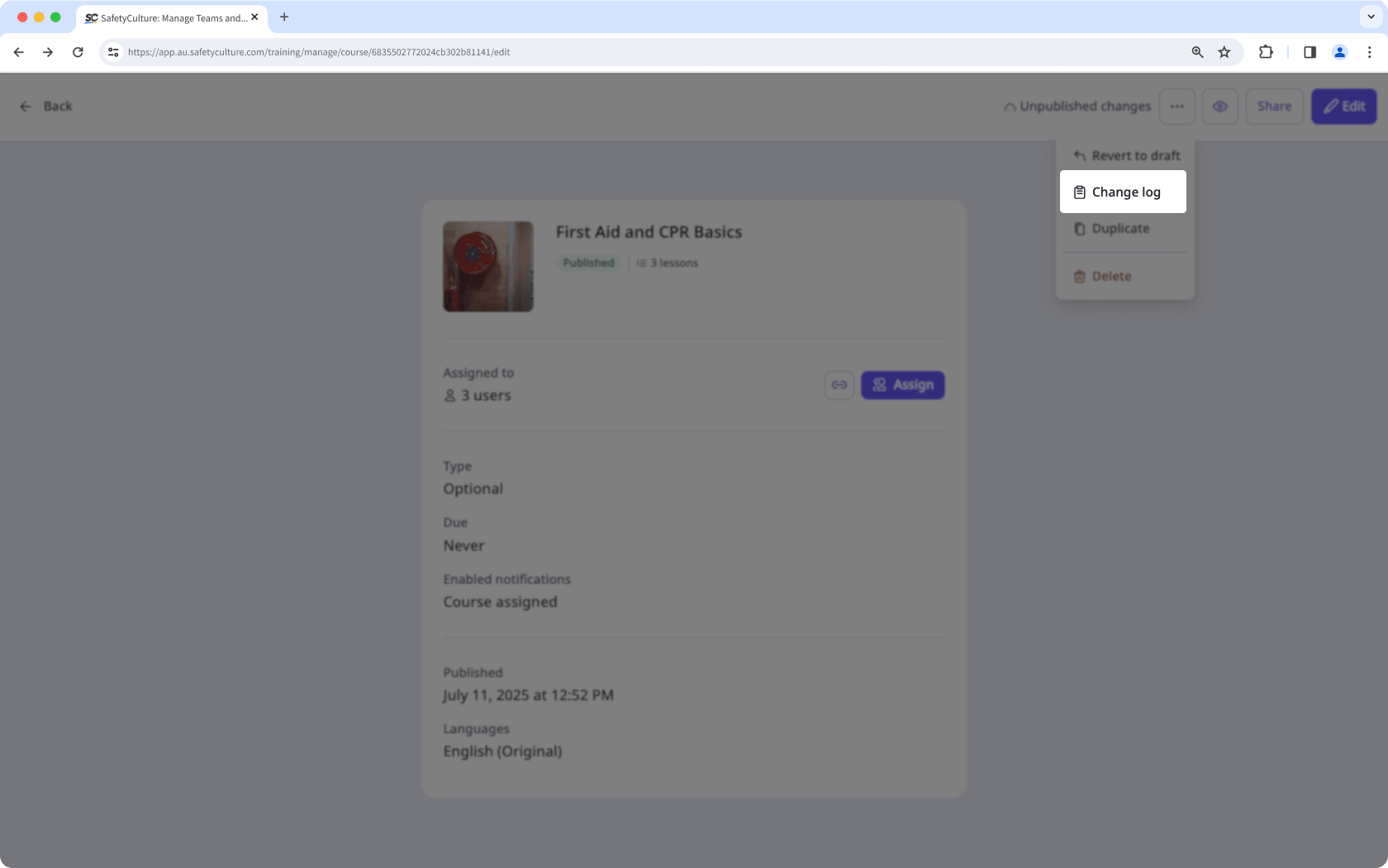 Go to a course's change log via the web app.