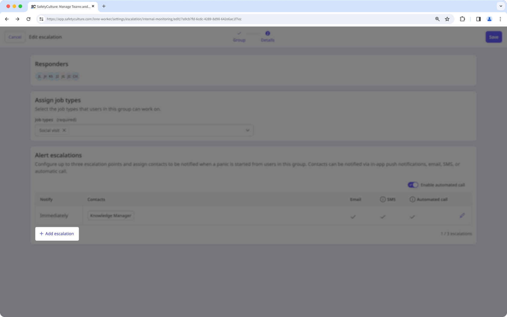 Add an escalation for a group's alert escalation settings via the web app.
