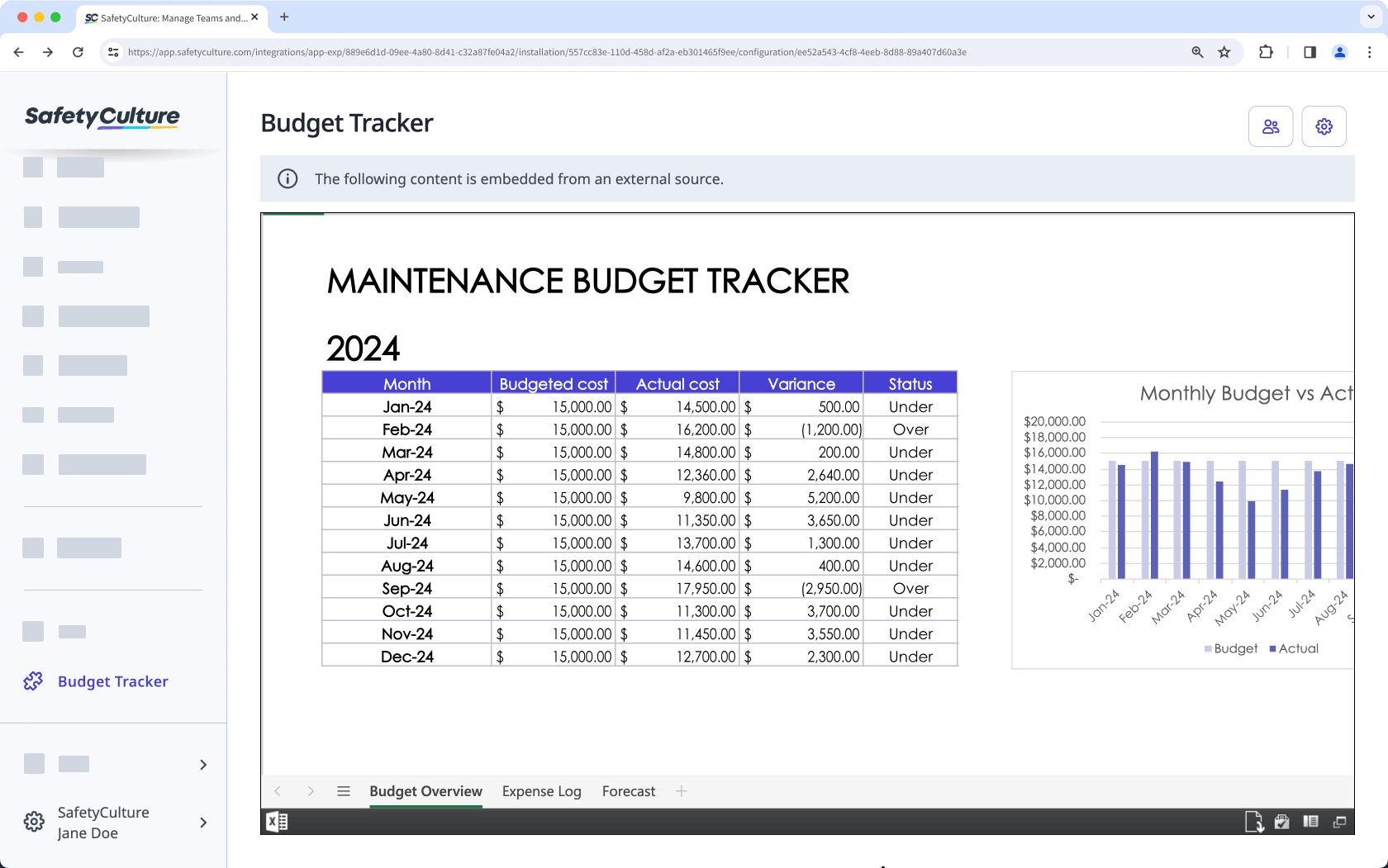View an embedded Microsoft Excel workbook via the web app.