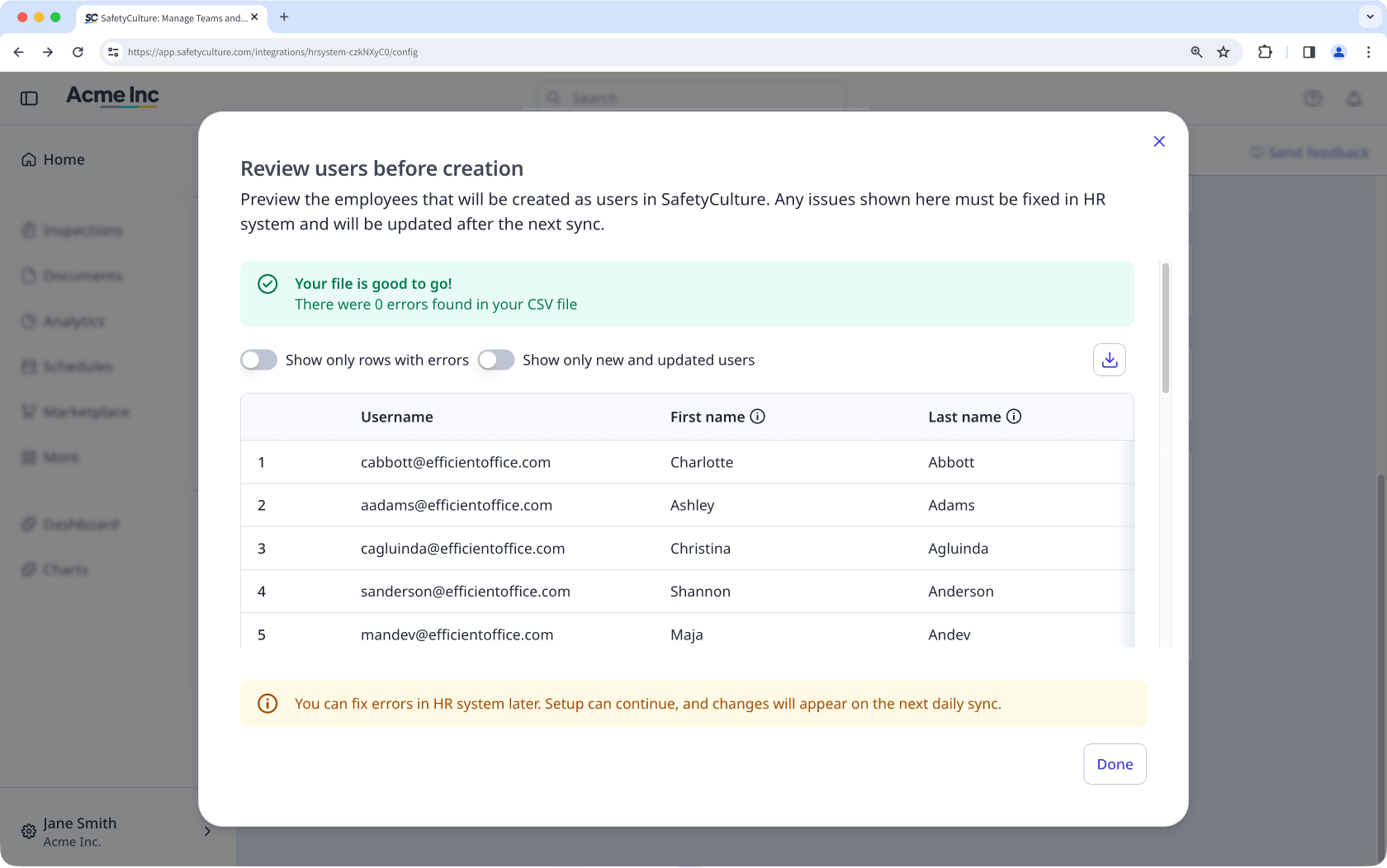 The Review users before creation window showing a list of users to be created from your HR system into SafetyCulture.