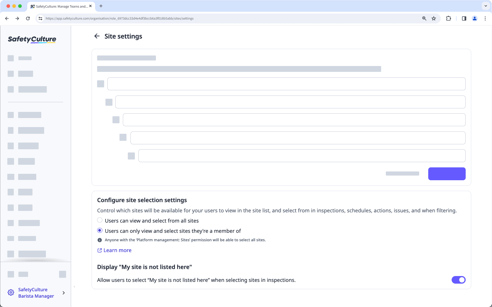 Configure your organization's site selection settings via the web app.