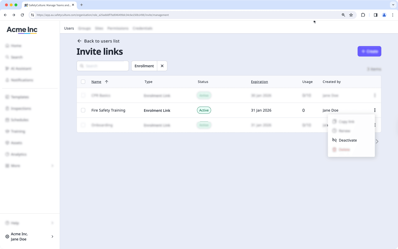 Deactivate an enrollment link via the web app.