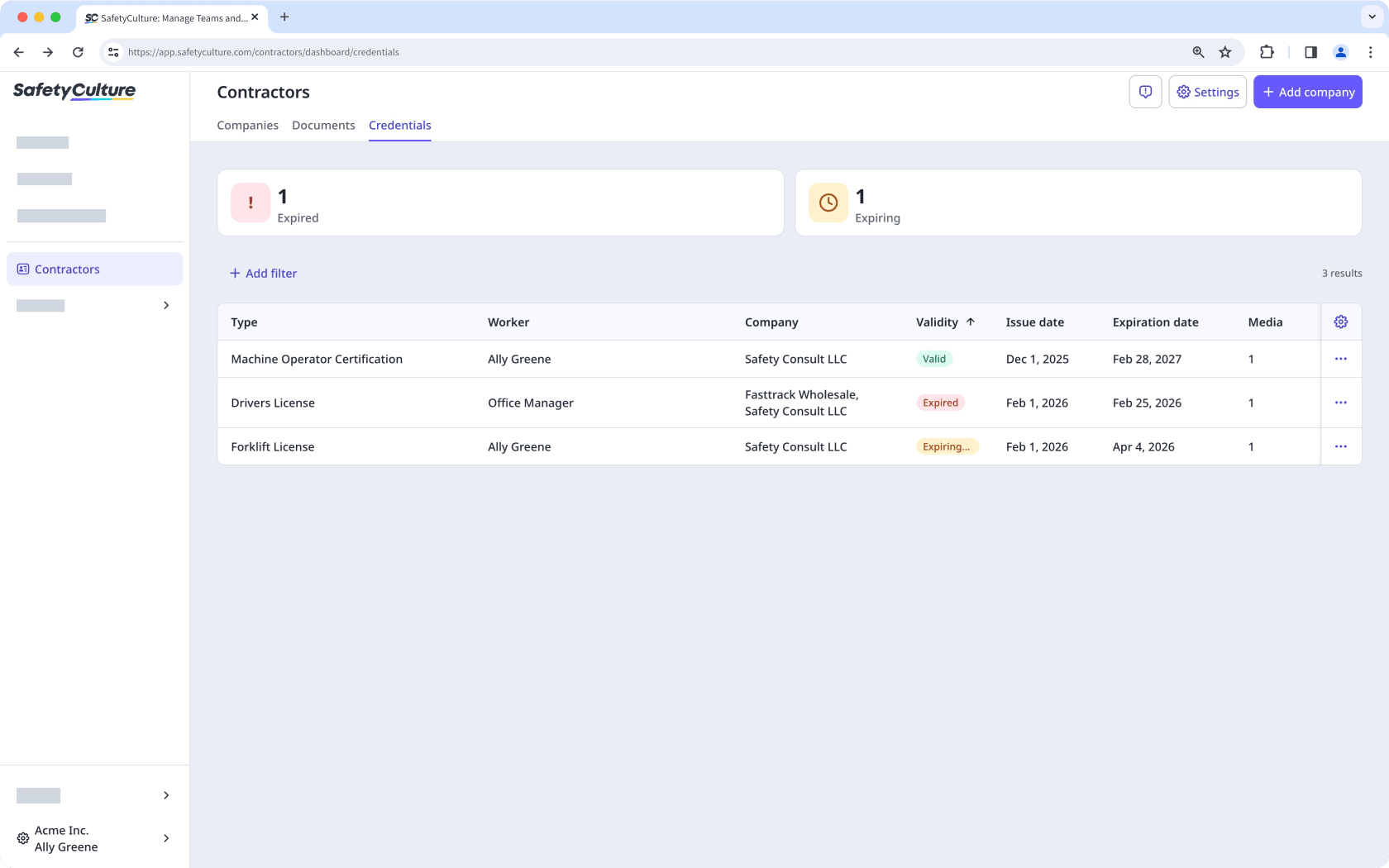 The Contractors dashboard showing the Credentials tab and list of all credentials.