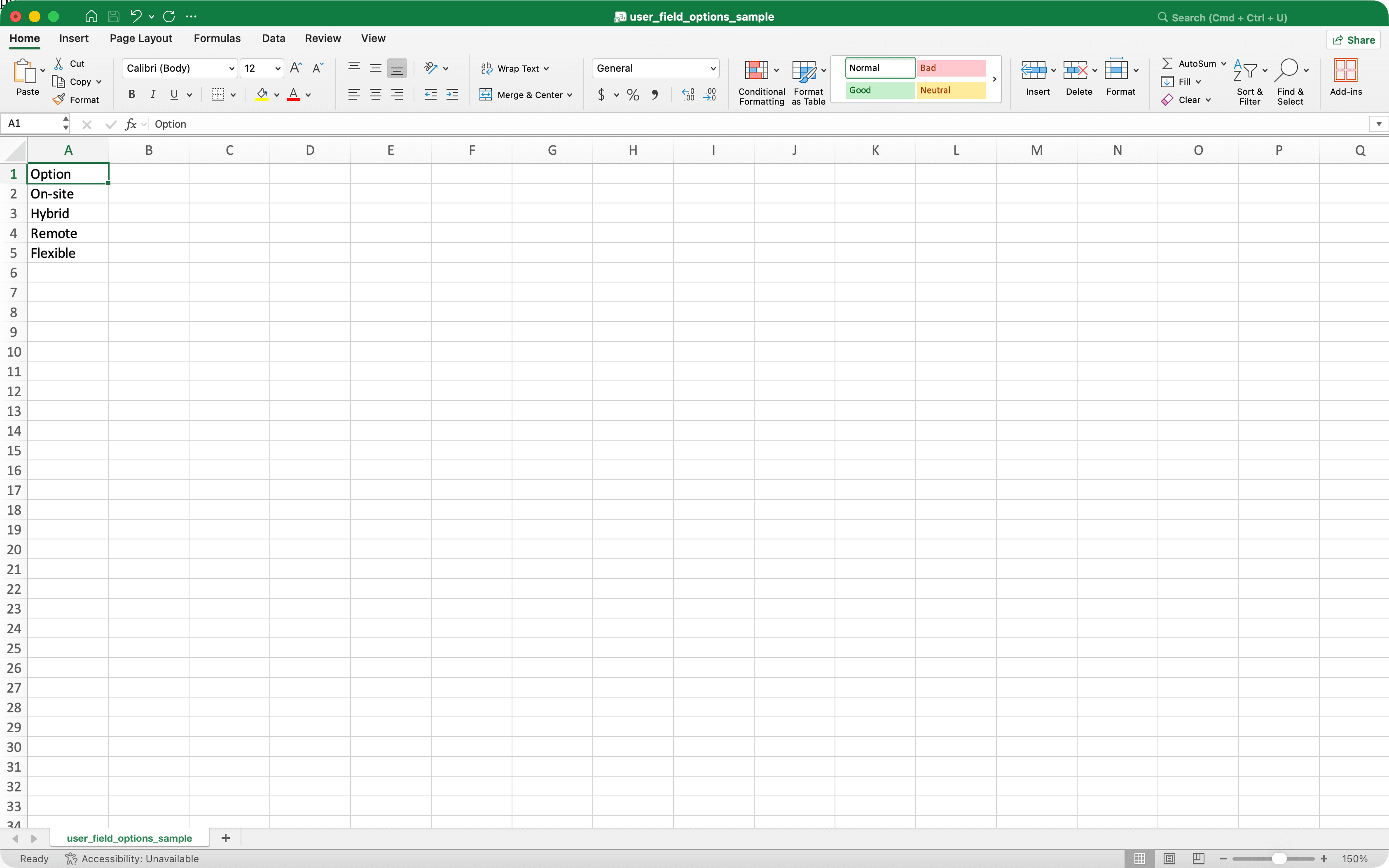 List of options for a single select user field in the CSV file.