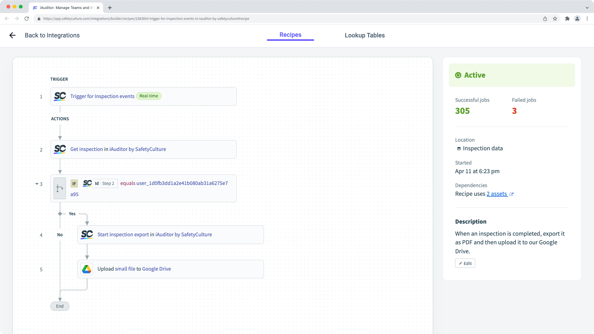Un ejemplo del uso del SafetyCulture Integration Builder.