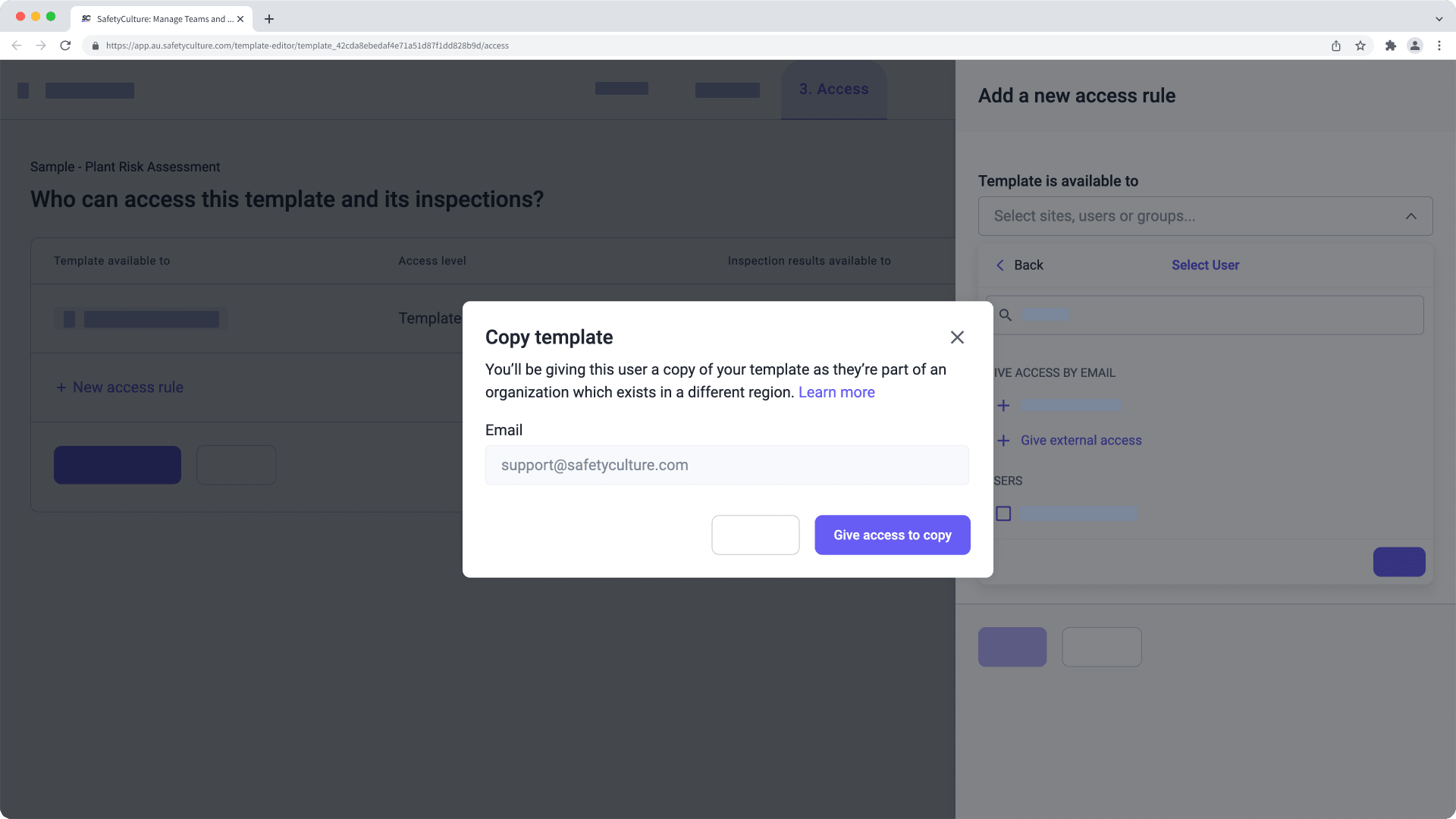 Give an external organization access to a template copy via the web app.