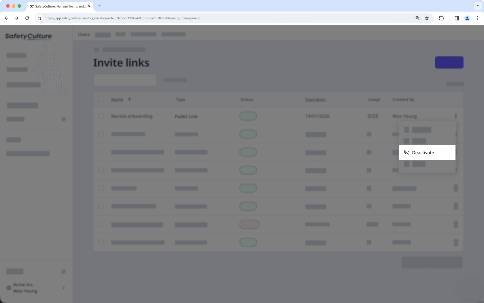 Deactivate an invite link via the web app.