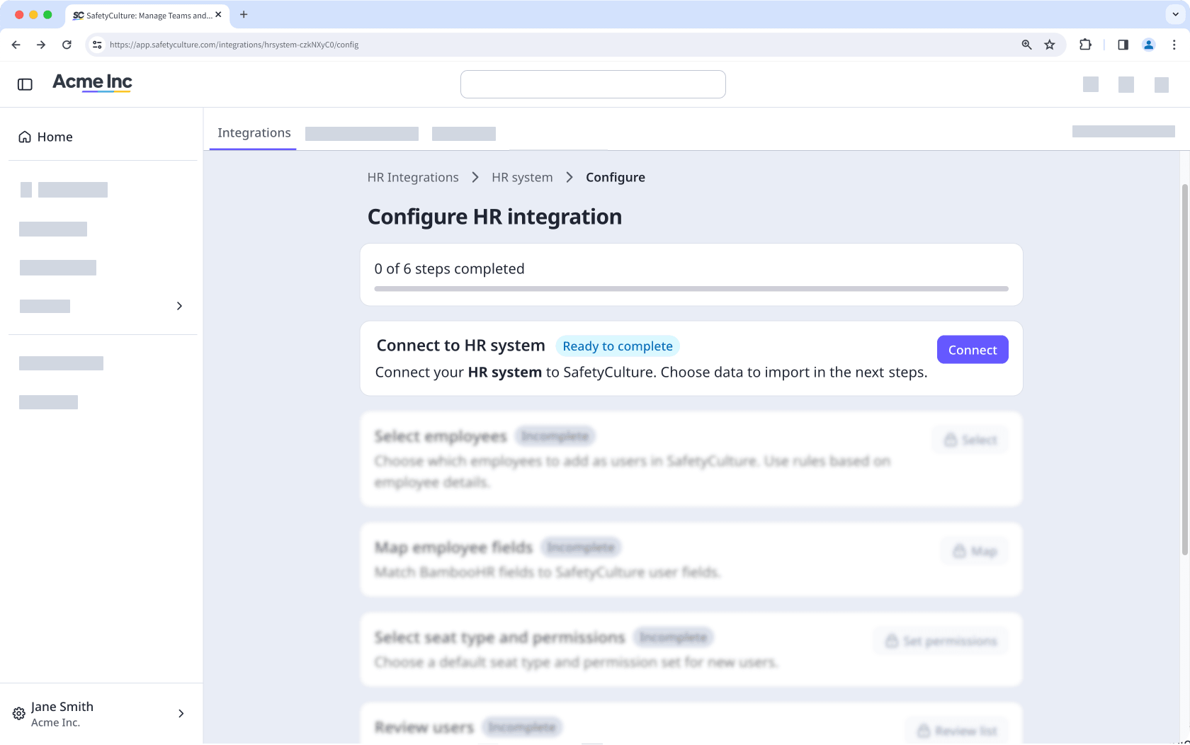 The Configure HR integration page showing how to connect SafetyCulture to your HR system.