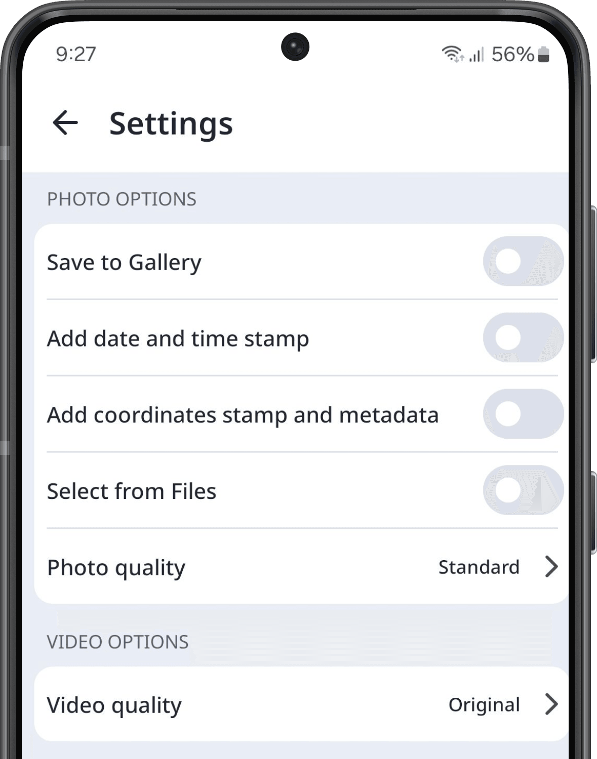 Photo options and video options via the mobile app.
