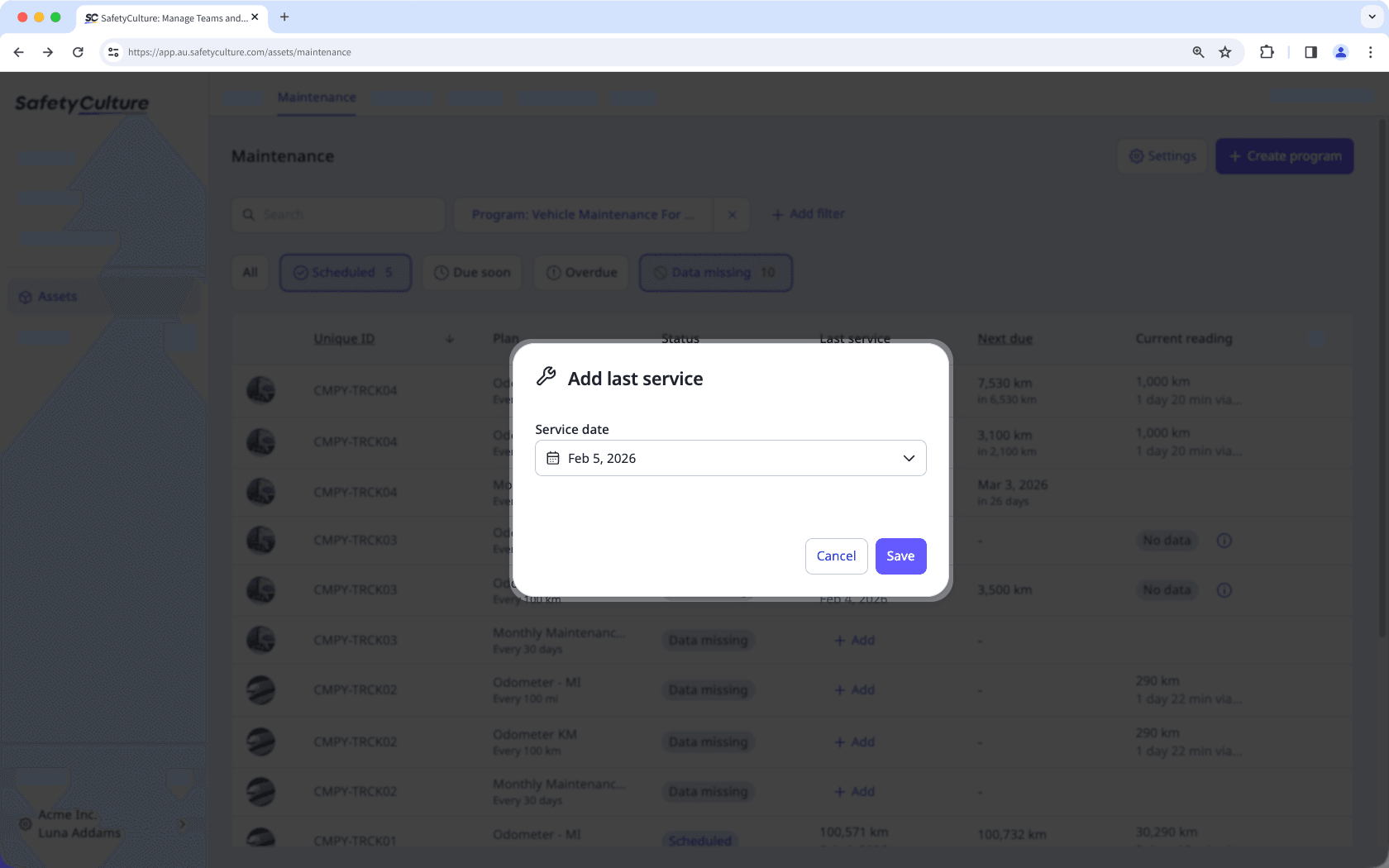 Enter an asset's last service details via the web app.