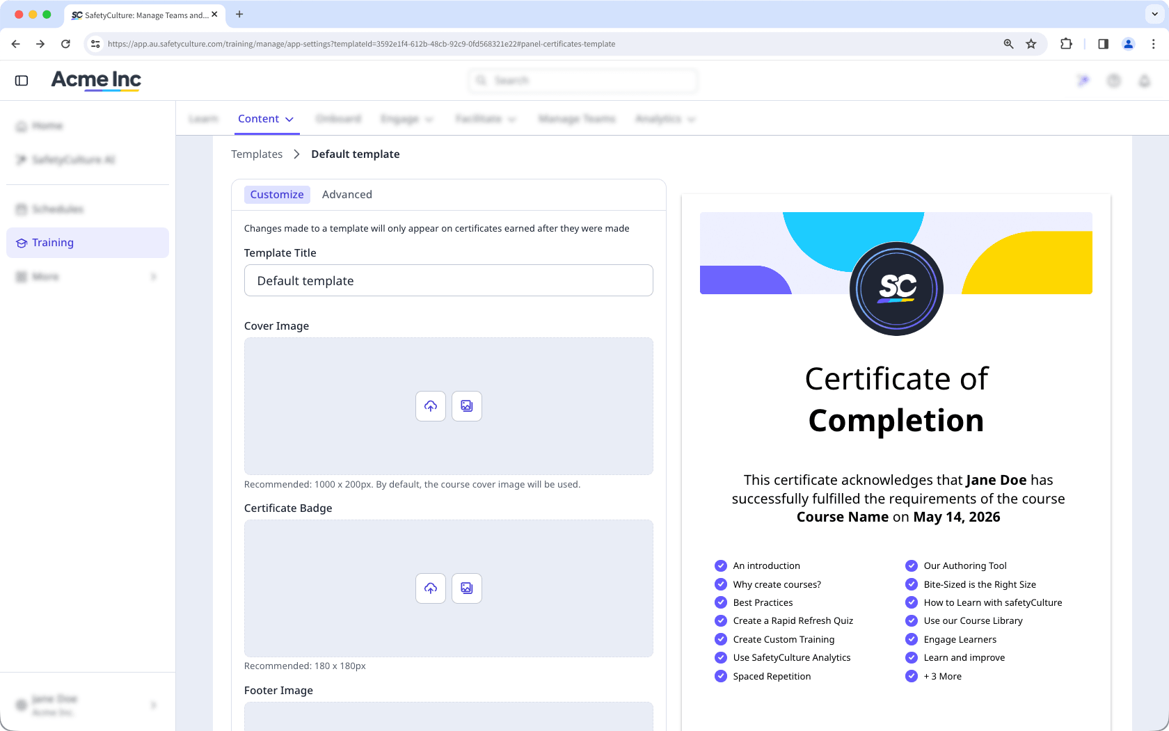 Un ejemplo de una plantilla de un certificado de finalización de un curso de formación.