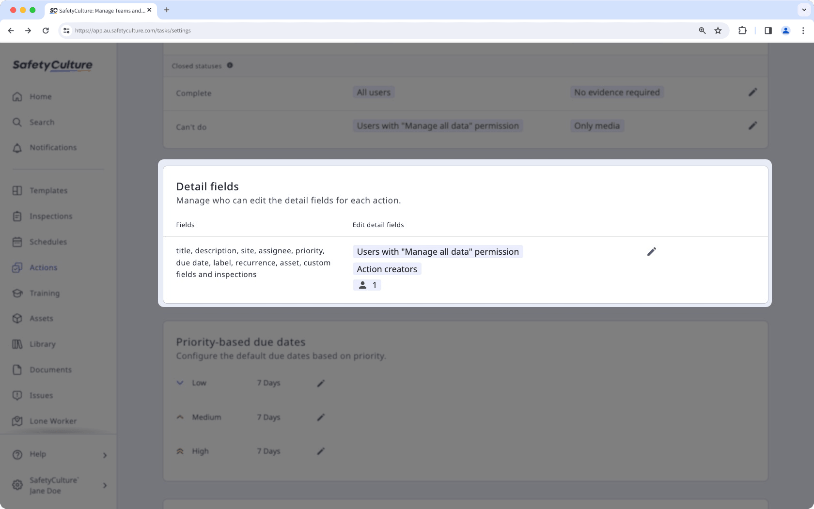 Manage action detail field editing via the web app.