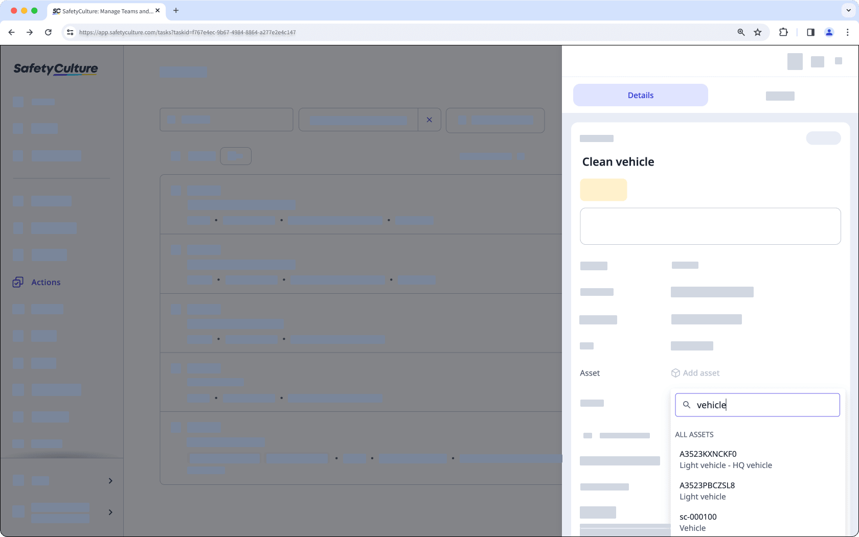 Select an asset while creating an action via the web app.