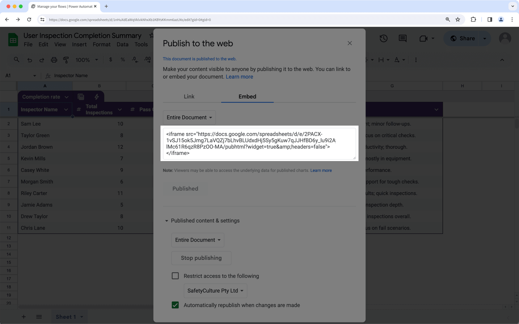 Copie el enlace embebido de Google Sheets.