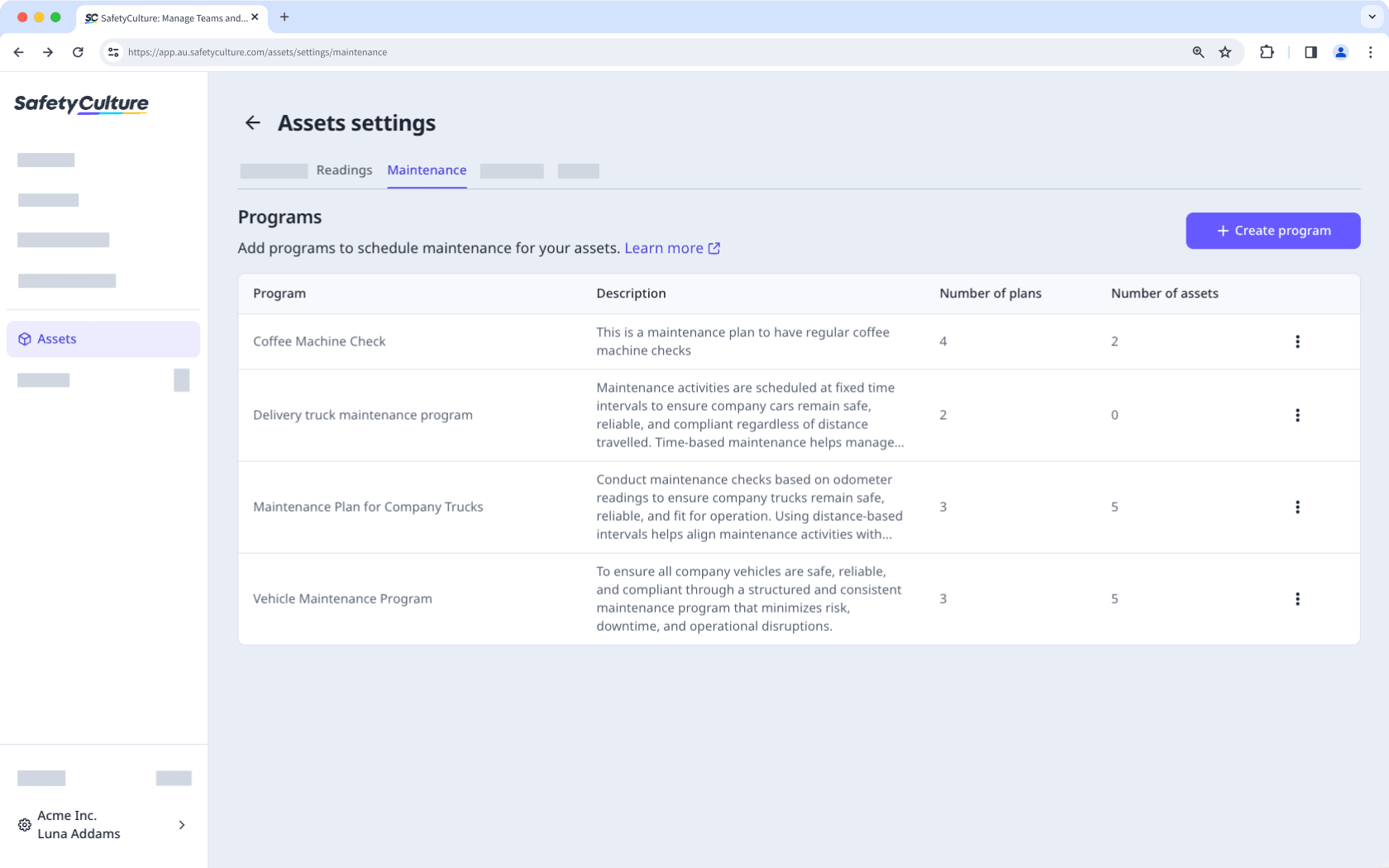 View asset maintenance programs via the web app.