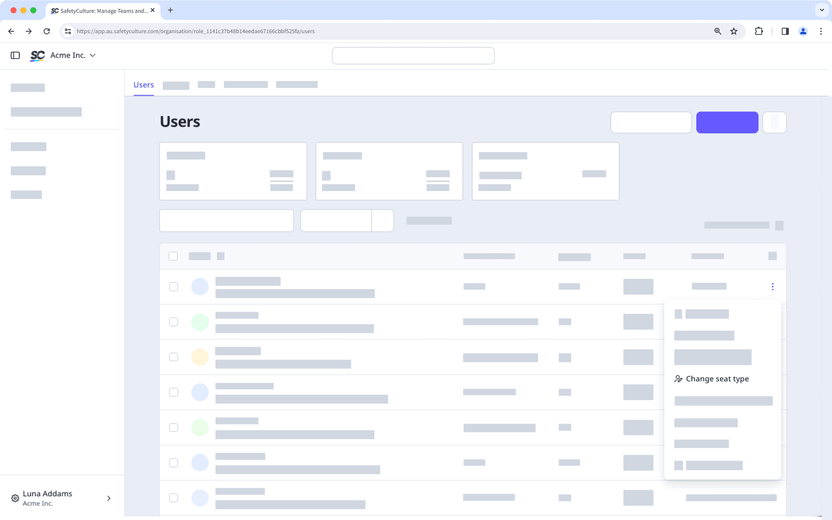The Users page with the overflow menu open.