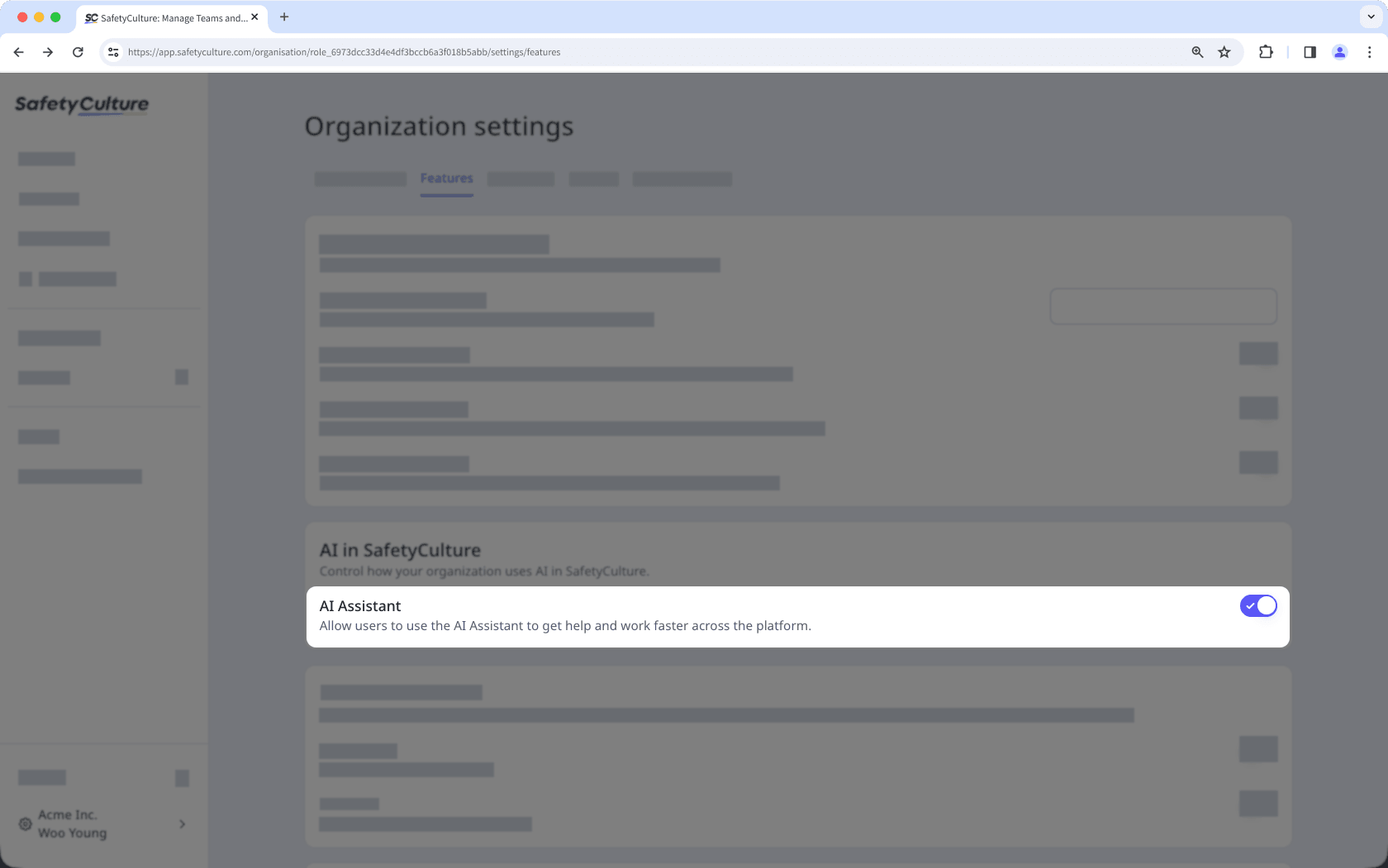 Turn AI Assistant on or off by toggling the setting in the Features section of your Organization settings via the web app.