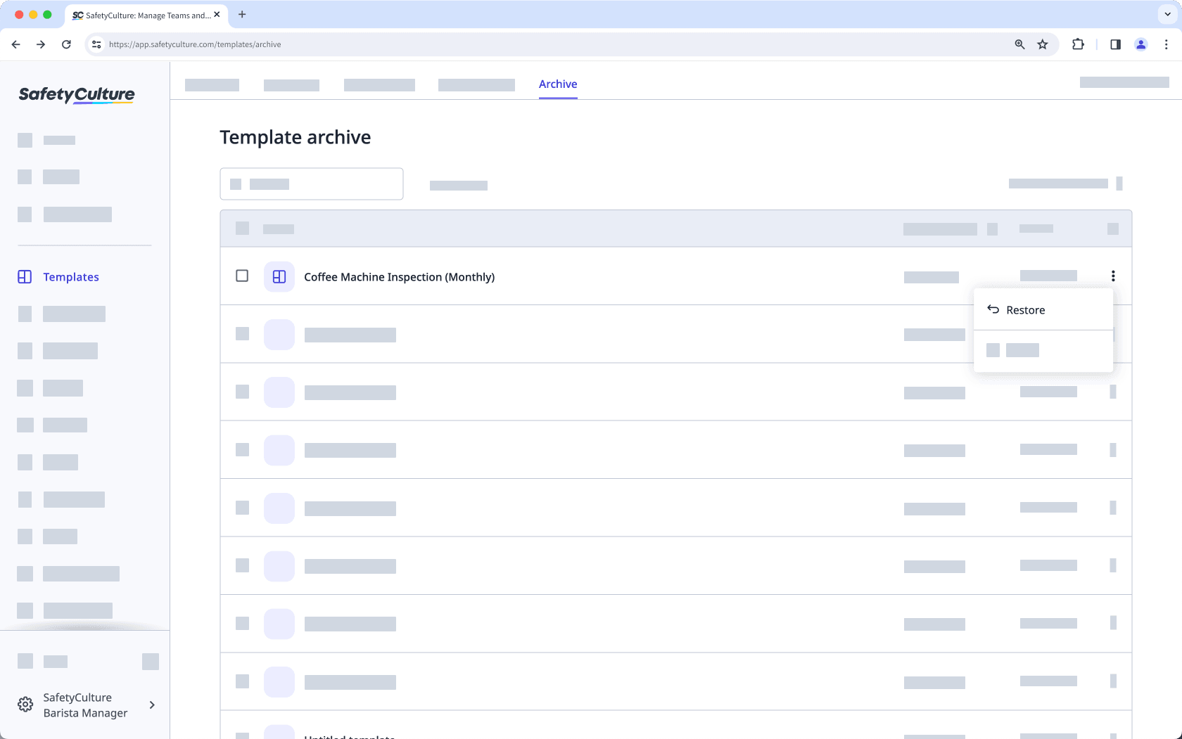 Restore an archived template via the web app.