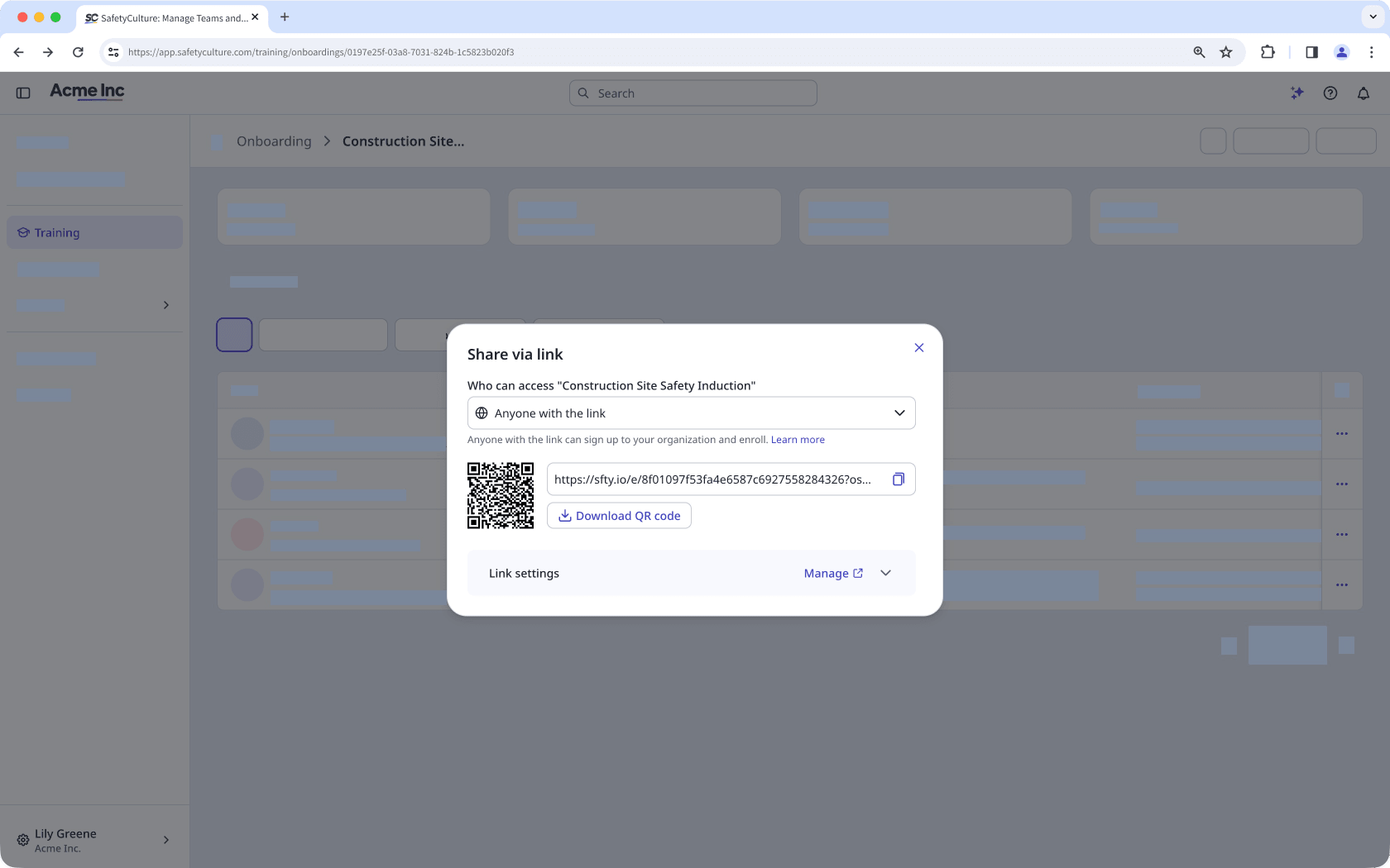 The onboarding workflow page with the 'Share via link' pop-up window open.