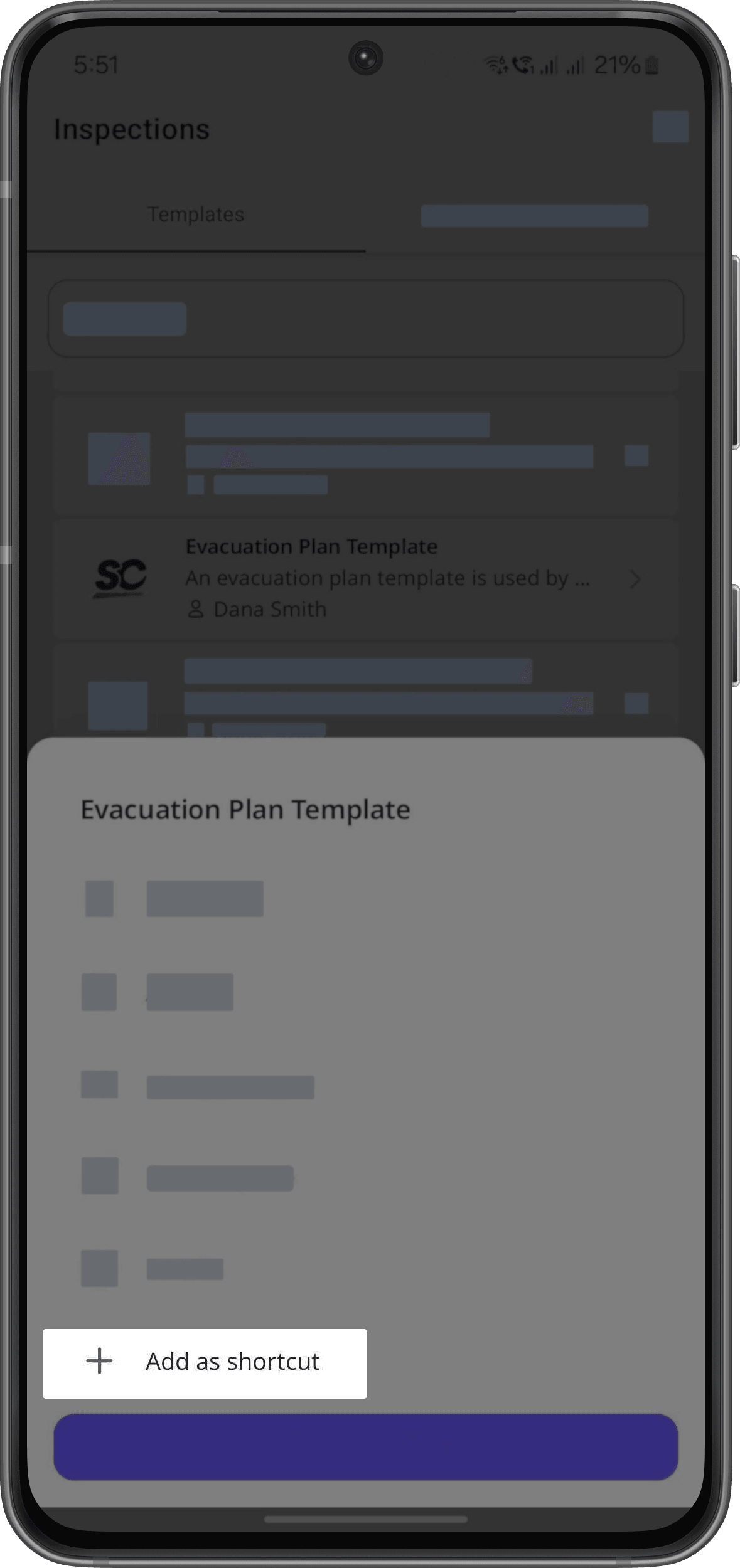 Tap "Add as a shortcut" from the pop-up options to select the template for the "Start inspection using template" shortcut via the Android mobile app.