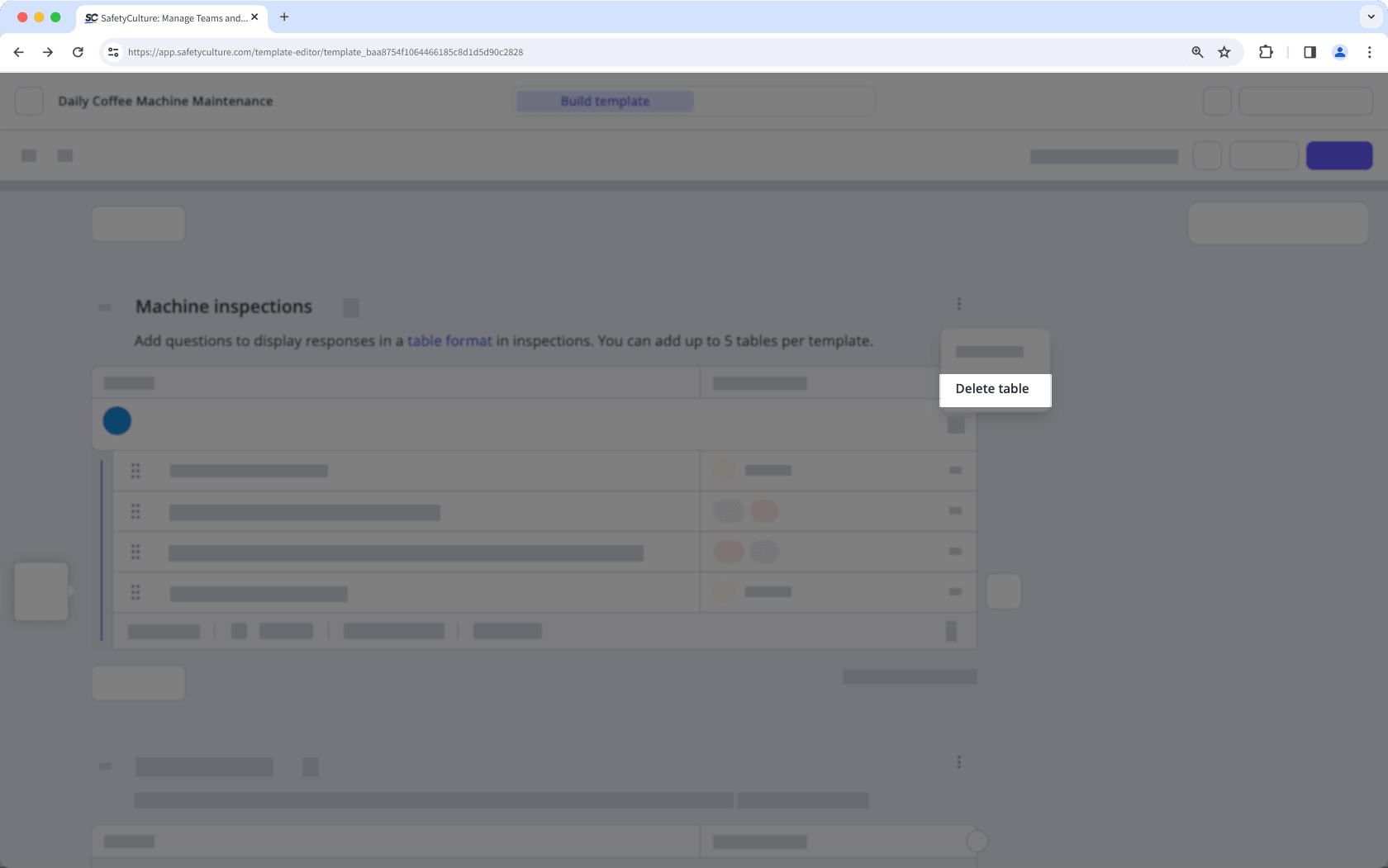Delete a table from your template via the web app.