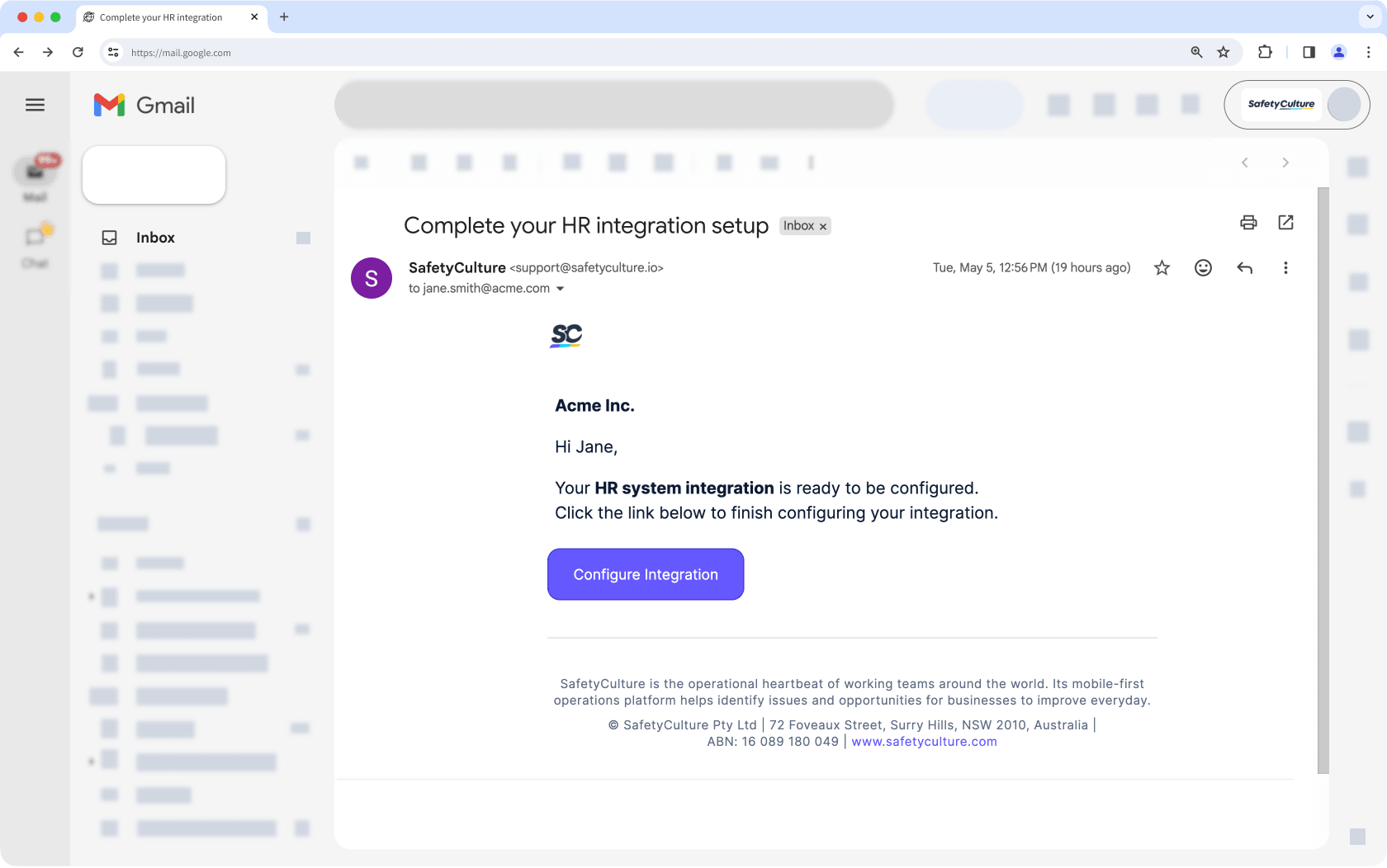 View email notification to complete your HR system integration in SafetyCulture.