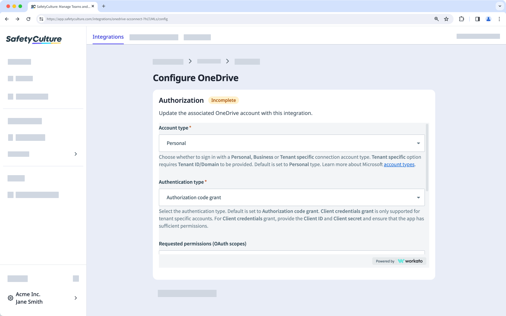 Configure OneDrive integration via the web app.