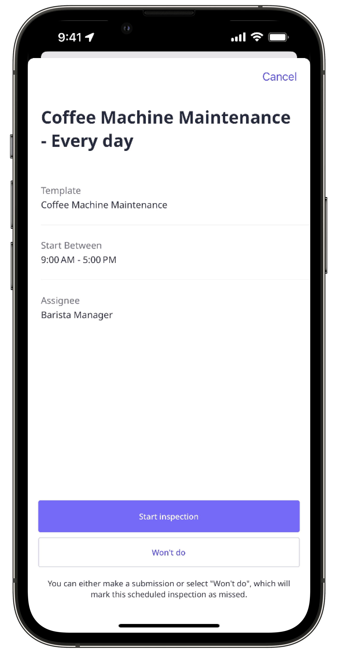 Commencer une inspection à partir d'un planning dans l'application portable.
