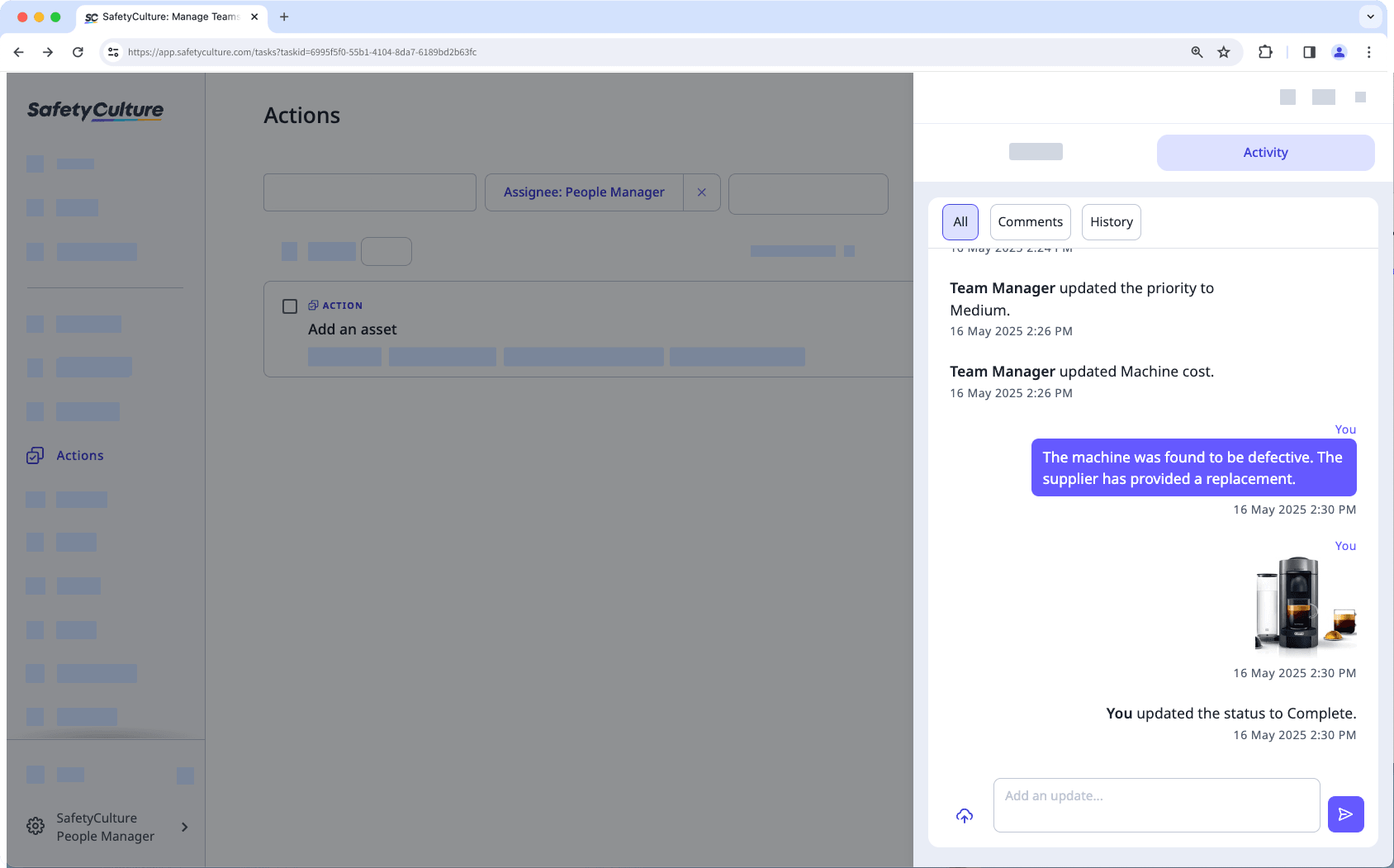 View an assigned action's activity tab on the web app.