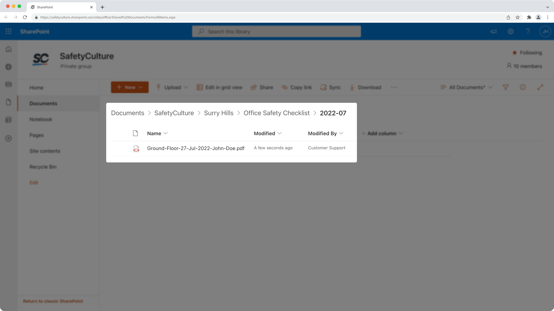 Ver un informe de inspección exportado a través de la integración de SharePoint.